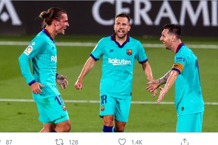 Antoine Griezmann menikmati assist dari Lionel Messi saat Barcelona mengalahkan Villarreal 4-1 dalam laga Liga Spanyol, Minggu (5/7/2020), di Estadio de la Ceramica.