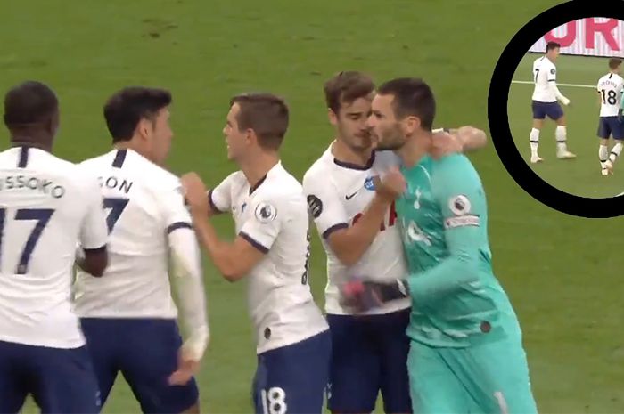 Moment pertengakaran dua pemain Tottenham Hotspur, Hugo Lloris (kanan) dan Son Heung-min (dua dari kiri) yang tertangkap kamera saat para pemain hendak turun minum dalam laga melawan Everton di Stadion Tottenham Hotspur, London, pada  Selasa (7/7/2020).