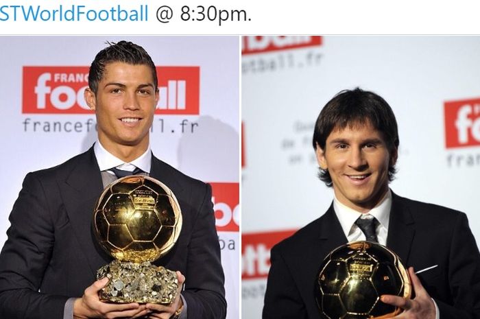 Cristiano Ronaldo (kiri) dan Lionel Messi saat mengangkat trofi Ballon d'Or untuk pertama kalinya.