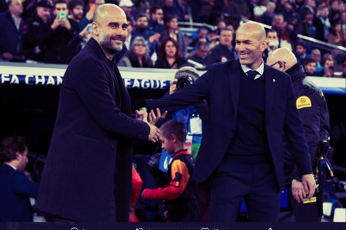 Momen pertemuan Pep Guardiola dan Zinedine Zidane dalam laga leg pertama babak 16 besar Liga Champions pada Februari lalu.