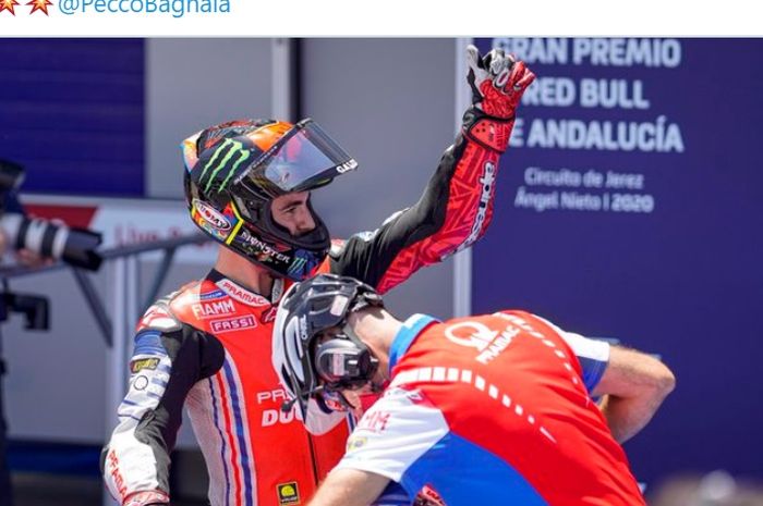 Selebrasi pembalap Pramac Racing, Francesco Bagnaia, setelah merebut posisi start ketiga pada kualifikasi MotoGP Andalusia di Sirkuit Jerez, Spanyol, 25 Juli 2020.