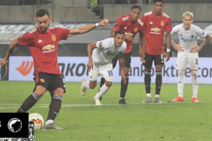 Eksekusi penalti gelandang Manchester United, Bruno Fernandes, ke gawang Copenhagen dalam partai Liga Europa pada Senin (10/8/2020).
