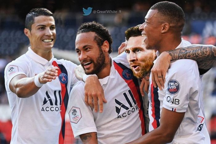 Cristiano Ronaldo, Neymar, Lionel Messi, dan Kylian Mbappe diedit menggunakan seragam Paris Saint-Germain secara bersamaan.
