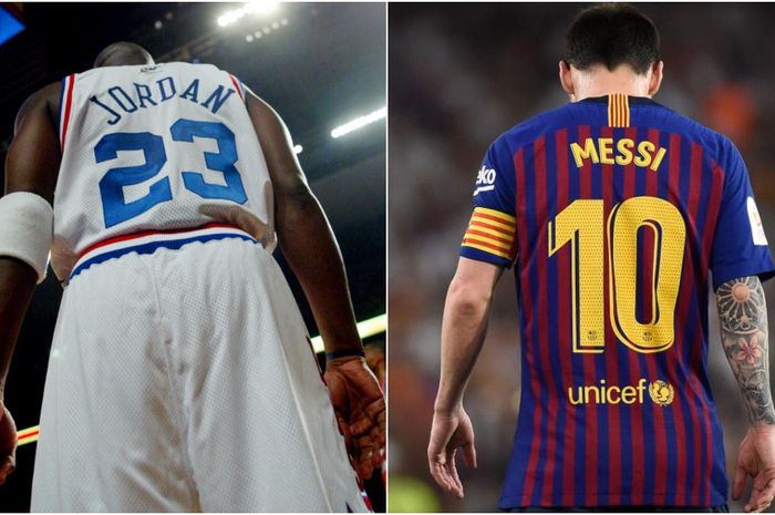 Pemain Barcelona, Lionel Messi (kanan) dan mantan pemain Chicago Bulls, Michael Jordan (kiri).