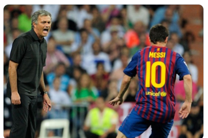 Pelatih Tottenham Hotspur, Jose Mourinho (kiri) dan megabintang Barcelona, Lionel Messi, dalam sebuah pertandingan.