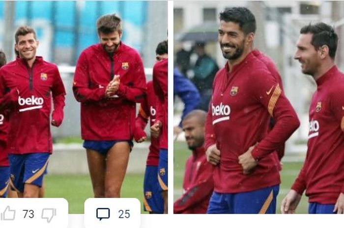 Para pemain Barcelona tersenyum saat menjalani sesi latihan, Rabu (9/9/2020), termasuk Luis Suarez dan Lionel Messi.