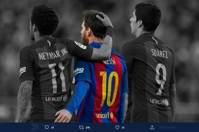 Lionel Messi diapit Luis Suarez dan Neymar saat masih sama-sama membela Barcelona.