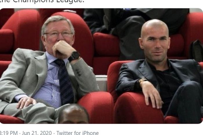Pelatih legendaris Manchester United, Sir Alex Ferguson (kiri), bersama juru taktik Real Madrid, Zinedine Zidane. 