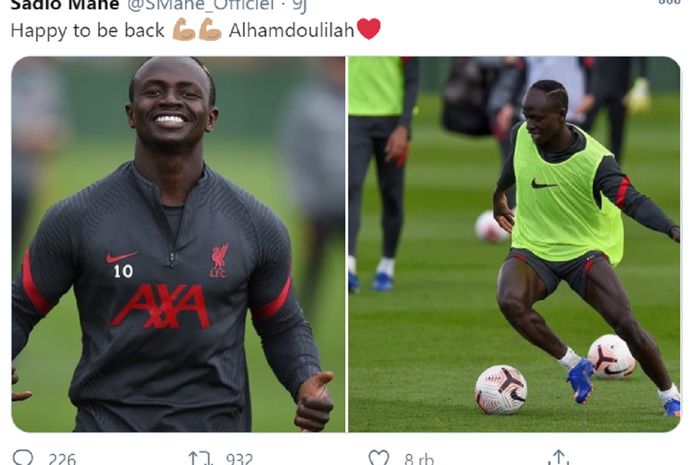 Sadio Mane menampilkan foto dirinya berlatih dengan seragam Liverpool melalui akun Twitter untuk mengabarkan telah negatif Covid-19 dan siap beraksi lagi.