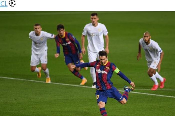 Kapten Barcelona, Lionel Messi, mencetak gol dalam laga Grup G Liga Champions melawan Ferencvaros di Stadion Camp Nou, Selasa (20/10/2020).
