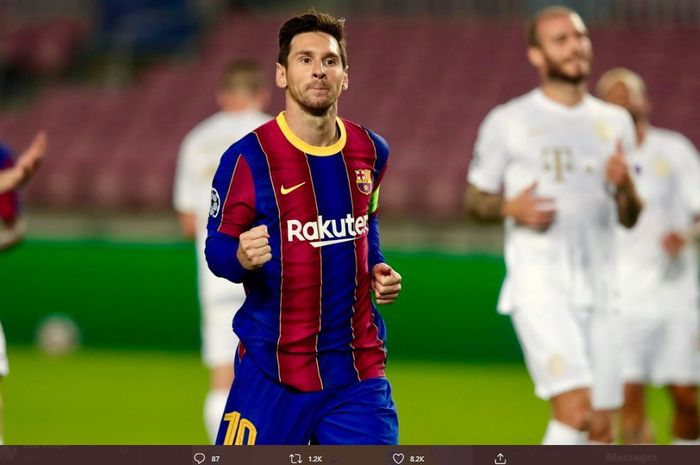 Megabintang Barcelona, Lionel Messi, merayakan gol ke gawang Frencvaros dalam laga babak penyisihan grup G Liga Champions 2020-2021, Rabu (21/10/2020) dini hari WIB.