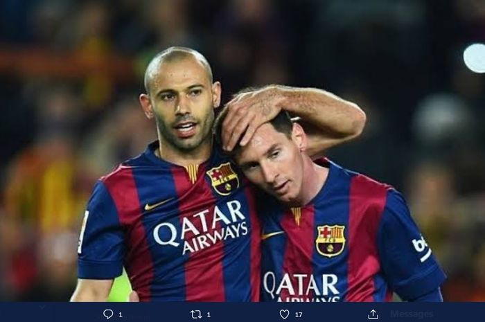 Lionel Messi dan Javier Mascherano saat membela Barcelona.