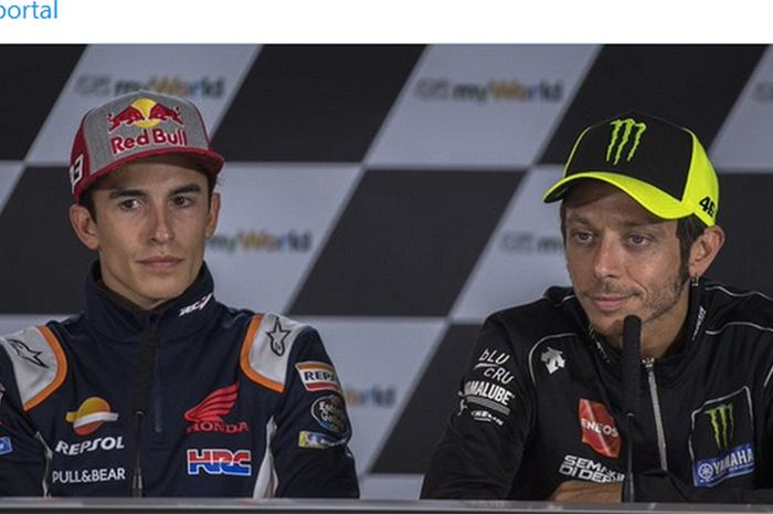 Dua pembalap juara dunia di MotoGP, Marc Marquez (kiri) dan Valentino Rossi (kanan).