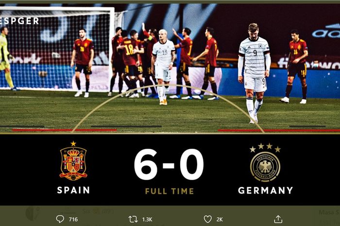Jerman mengalami kekalahan terbesarnya dalam laga kompetitif setelah dipukul Spanyol 0-6 di UEFA Nations League, Selasa (17/11/2020) di Seville.