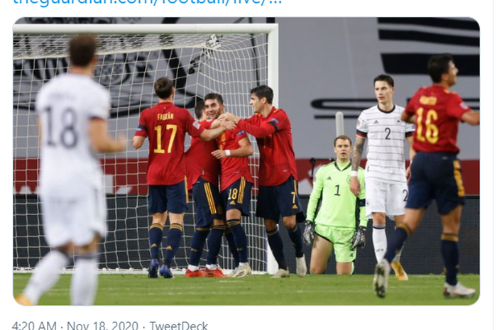 Pemain timnas Spanyol merayakan gol yang dicetak oleh Ferran Torres ke gawang timnas Jerman di pertandingan UEFA Nations League, Rabu (18/11/2020) dini hari WIB.