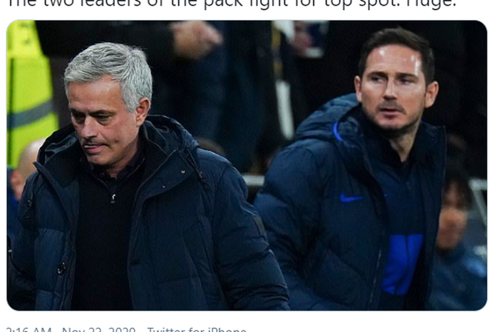 Pelatih Tottenham Hotspur, Jose Mourinho (kiri) dan juru taktik Chelsea, Frank Lampard.