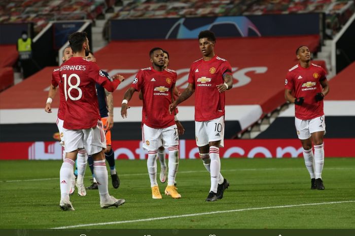 Para pemain Manchester United merayakan gol yang dilesakkan Marcus Rashford ke gawang Istanbul Basaksehir dalam lanjutan fase grup Liga Champions, Selasa (24/11/2020).