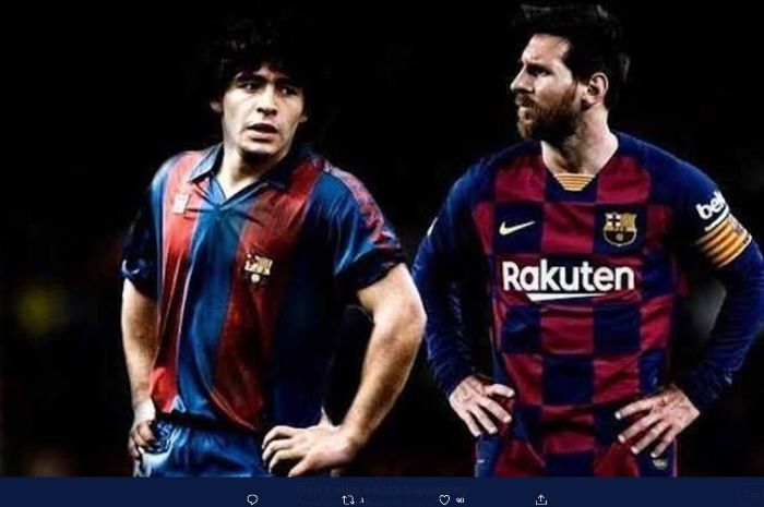 Ilustrasi Diego Maradona dan Lionel Messi di Barcelona.
