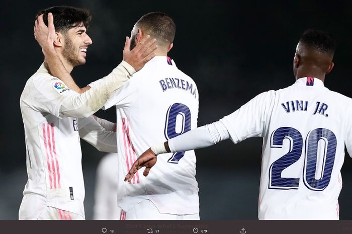 Kegembiraan para pemain Real Madrid setelah mengalahkan Granada pada pertandingan pekan ke-15, Rabu (23/12/2020).