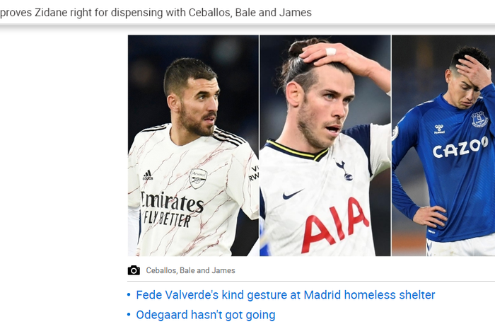 Pemain Real Madrid, Dani Ceballos, Gareth Bale, dan James Rodriguez yang dilepas Zinedine Zidane ke Liga Inggris musim panas 2020 ke Liga Inggris.