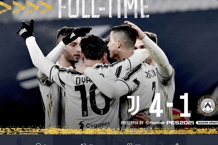 Juventus mengalahkan Udinese 4-1 dalam laga Liga Italia, Minggu (3/1/2021) di  Allianz Turin, dengan Cristiano Ronaldo menyumbang 2 gol dan 1 assist.