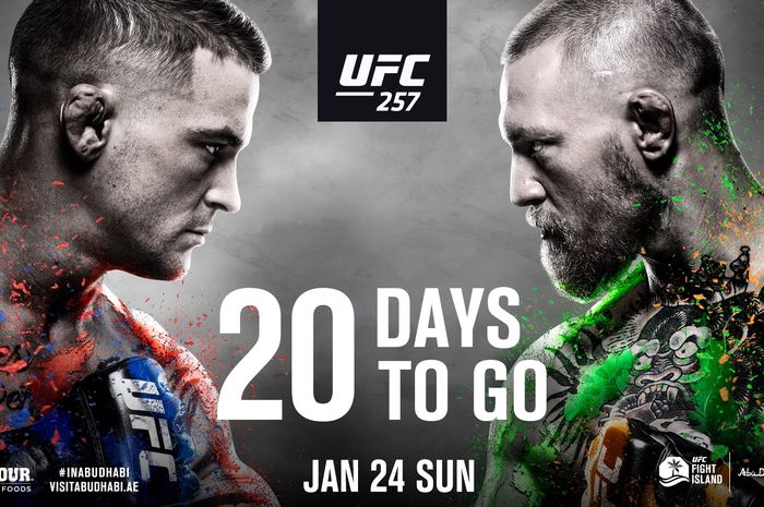 Poster acara UFC 257: Dustin Poirier vs Conor McGregor 2 pada 24 Januari di Fight Island, Abu Dhabi, Uni Emirat Arab.