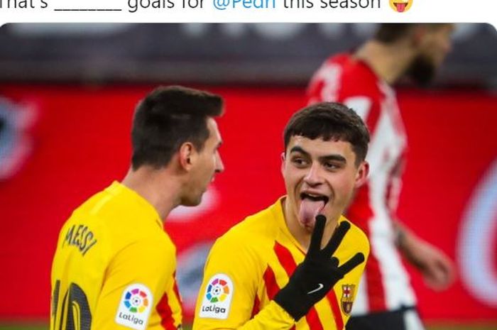 Gelandang Barcelona, Pedri, merayakan gol yang dicetak ke gawang Athletic Bilbao dalam laga Liga Spanyol di Stadion San Mames, Rabu (6/1/2020).