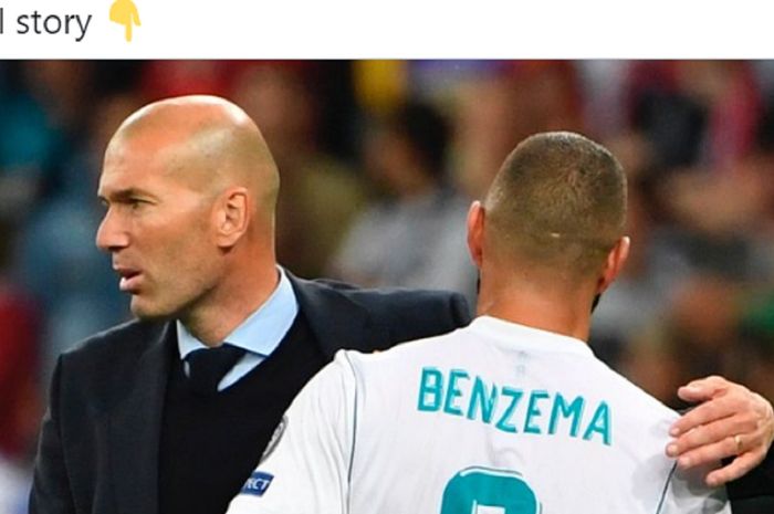 Penyerang Real Madrid, Karim Benzema (kanan), berpelukan dengan sang pelatih, Zinedine Zidane.