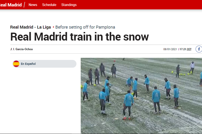 Tangkapan layar dari laman resmi Marca yang menunjukan Zinedine Zidane memimpin latihan Real Madrid di lapangan Valdebebas saat hujan salju.