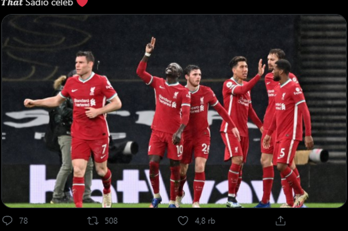 Para pemain Liverpool merayakan gol Sadio Mane ke gawang Tottenham Hotspur