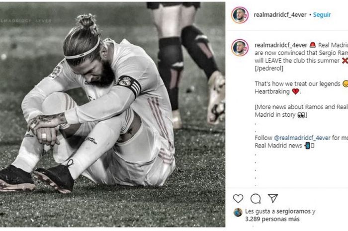 Kapten Real Madrid, Sergio Ramos, seakan menyindir klubnya setelah me-like unggahan penggemar klub juara Liga Spanyol musim lalu di Instagram.  