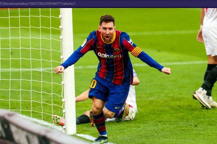 Megabintang Barcelona, Lionel Messi, merayakan gol ke gawang  Sevilla dalam laga pekan ke-25 Liga Spanyol di Stadion Ramon Sanchez Pizjuan, Sabtu (27/2/2021).