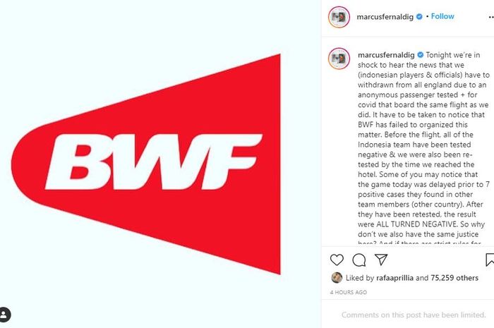 Unggahan Instagram Marcus Fernaldi Gideon perihal keputusan BWF yang meminta Indonesia untuk mundur dari All England.