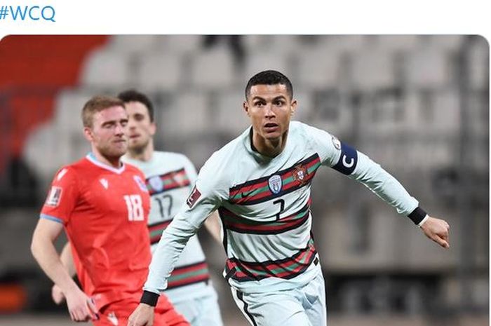 Megabintang timnas Portugal, Cristiano Ronaldo, merayakan gol yang dicetak ke gawang timnas Luksemburg dalam laga Grup A Kualifikasi Piala Dunia 2022 Zona Eropa di Stade Josy Barthel, Selasa (30/3/2021).