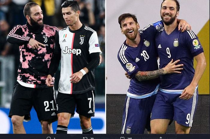 Gonzalo Higuain bersama Cristiano Ronaldo di Juventus dan Lionel Messi saat membela Timnas Argentina.