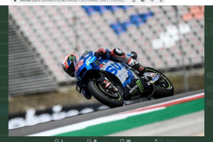Pembalap Suzuki Ecstar, Alex Rins, saat melancong pada MotoGP Portugal 2021, Minggu (18/4/2021). 