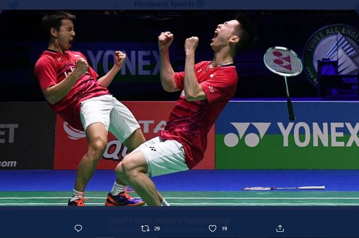 Ganda putra Indonesia, Marcus Fernaldi Gideon/Kevin Sanjaya Sukamuljo (dalam foto) dan Fajar Alfian/Muhammad Rian Ardianto ditantang dua wakil terbaik Malaysia di semifinal Denmark Open 2022.