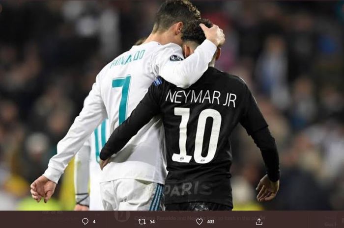 Neymar menyatakan hasratnya untuk menjadi rekan tim Cristiano Ronaldo setelah menikmati rasanya bermain bersama Lionel Messi di Barcelona dan Kylian Mbappe di PSG.