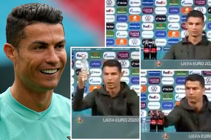 Cristiano Ronaldo terlihat kesal saat melihat dua botol Coca Cola di depannya saat konferensi pers pra pertandingan timnas Portugal di Piala Eropa 2020, Senin (14/6/2021).