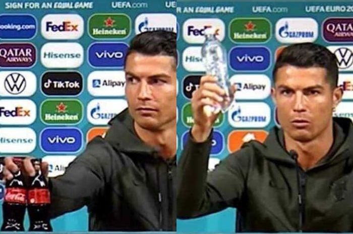 Cristiano Ronaldo geser botol Coca-Cola.