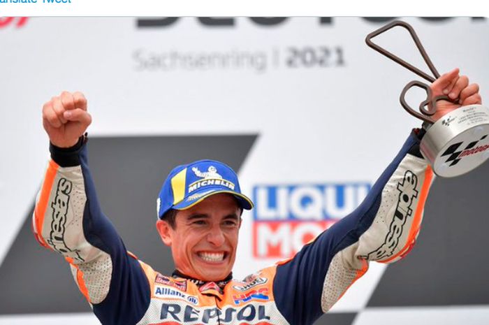 Pembalap Repsol Honda,  Marc Marquez, merayakan kemenangan di seri kedelapan MotoGP Jerman 2021, Minggu (20/6/2021).