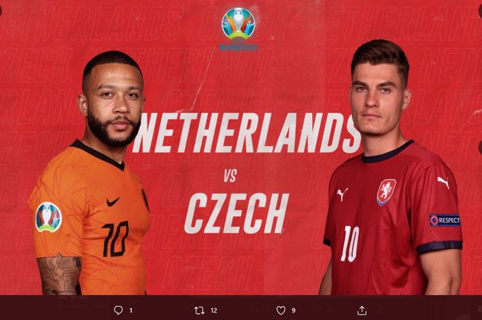 Laga Timnas Belanda vs Republik Ceko dalam babak 16 besar EURO 2020 pada Minggu (27/6/2021) pukul 23.00 WIB.