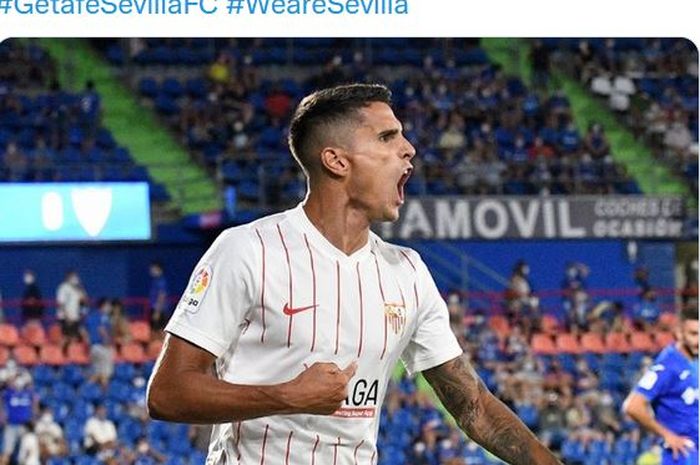 Winger Sevilla, Erik Lamela, merayakan gol ke gawang Getafe dalam laga Liga Spanyol di Stadion Coliseum Alfonso Perez, Senin (23/8/2021).