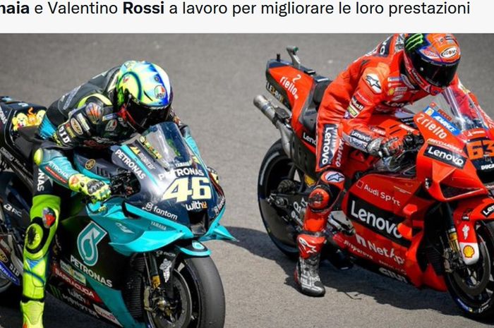 Pembalap Petronas Yamaha SRT, Valentino Rossi, dan pembalap Ducati, Francesco Bagnaia, yang merupakan anggota Akademi Pembalap VR46.