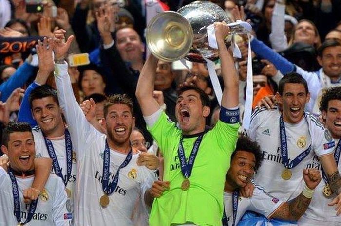 Pemain Real Madrid, Iker Casillas, Sergio Ramos, Cristiano Ronaldo, Angel Di Maria dll merayakan momen La Decima, gelar kesepuluh Liga Champions Los Blancos.
