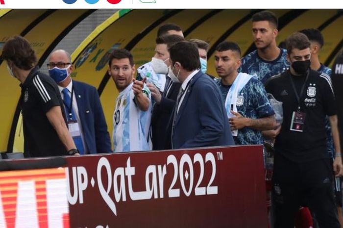 Ekspresi amarah Lionel Messi ketika laga Brasil vs Argentina dibubarkan oleh aparat.