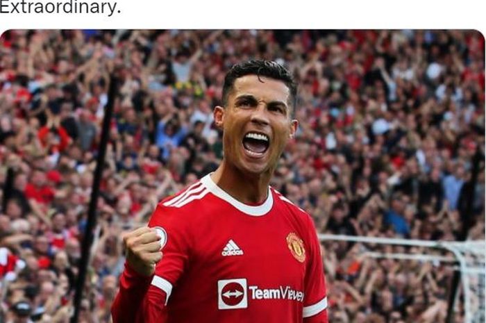 Megabintang Manchester United, Cristiano Ronaldo, merayakan gol ke gawang Newcastle United dalam laga Liga Inggris di Stadion Old Trafford, Sabtu (11/9/2021).