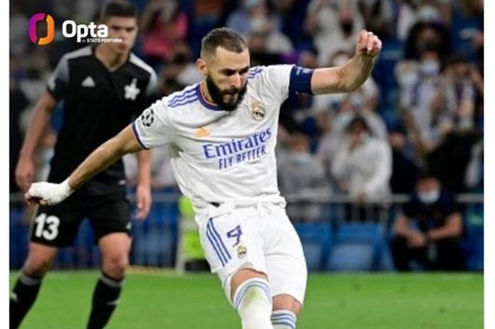 Momen Karim Benzema melepaskan tendangan dari titik penalti dalam laga Liga Champions antara Real Madrid kontra Sheriff Tiraspol.