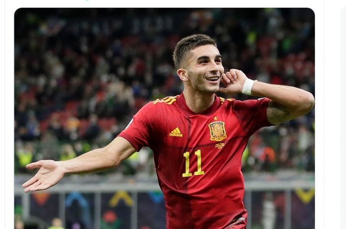 Pemain Spanyol, Ferran Torres, mencetak gol ke gawang Italia, Kamis (7/10/2021) dini hari WIB 