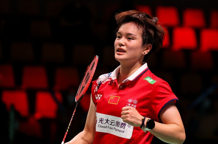 Pebulu tangkis tunggal putri China, Wang Zhi Yi, pada laga melawan Kanada pada Uber Cup 2020 di Ceres Arena, Aarhus, Denmark, Sabtu (9/10/2021).